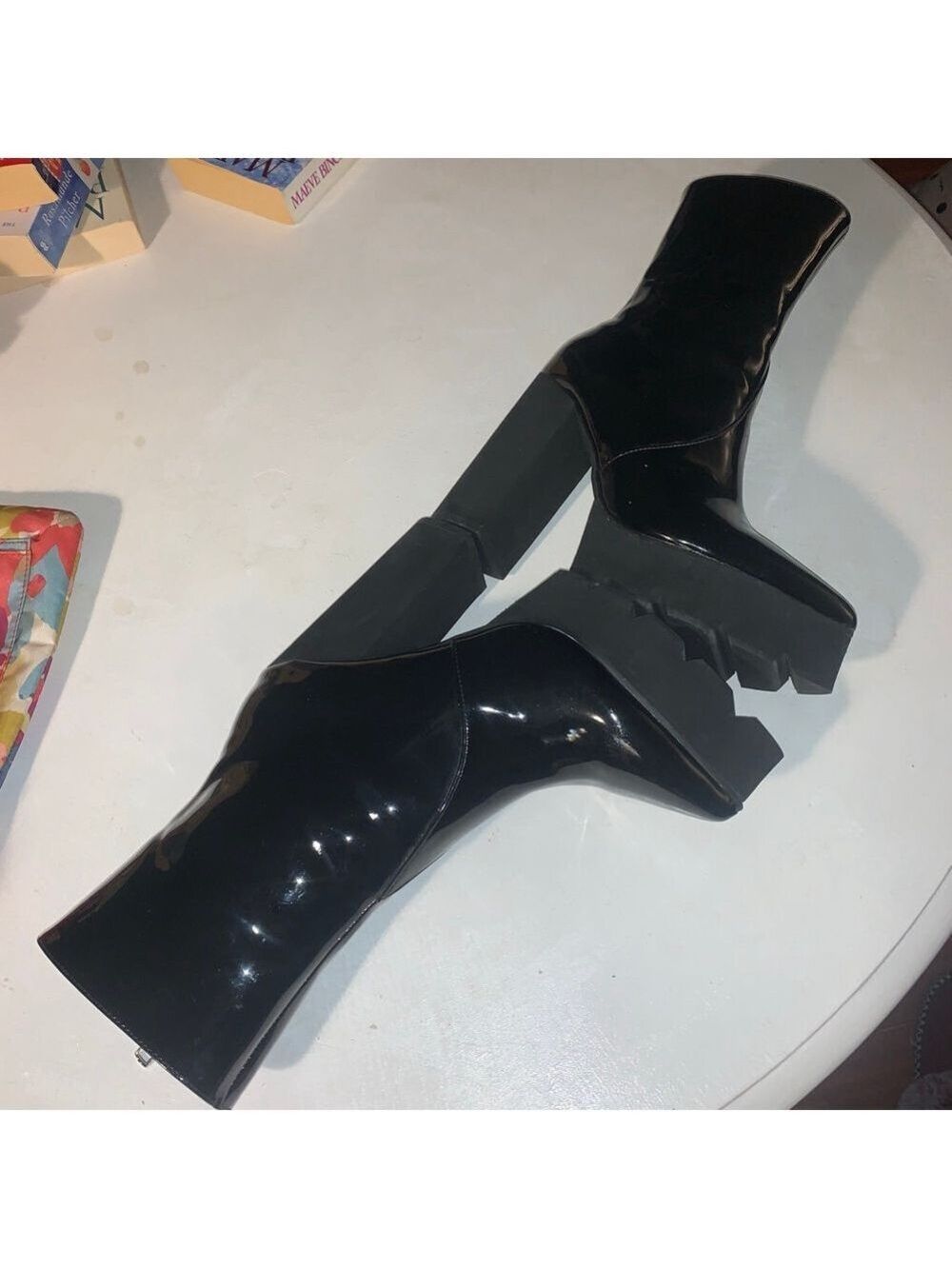 Women's Unbranded Black Patent Lace Trim Heeled Boots Size 7 - Picture 14 of 14